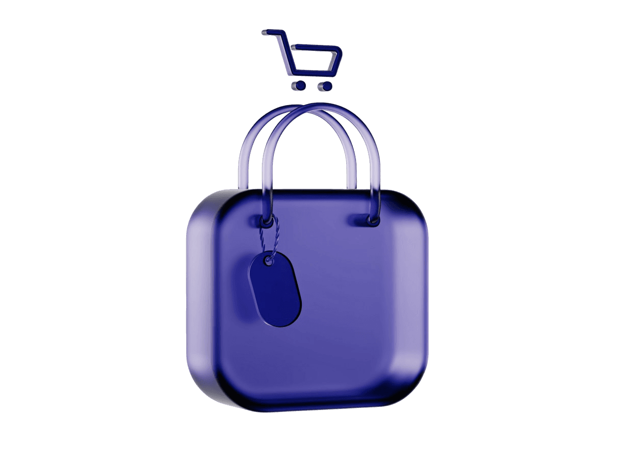 Bolsa de compra de vidrio con etiqueta y carrito